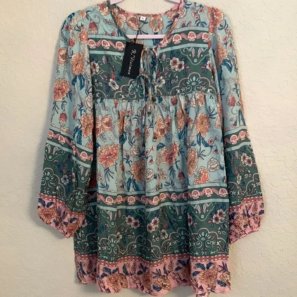 NWT R. Vivitos Lightweight Boho Cotton Multicolor Tunic Size S